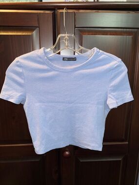 Zara Pastel Blue Crewneck Cotton Crop Tee